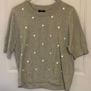NWT J. Crew Gray Cotton Short Sleeve Sweater w White Polka Dots